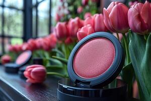 Soft blush compacts in peach tones, with a blurred field of tulips behind. Professional shot showcasing the delicate color and smooth texture of the blush. photo