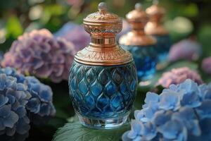 Luxurious perfume bottles with ornate caps, set against a blurred garden of hydrangeas. Professional shot highlighting the elegance and intricate design of the perfume bottles. photo