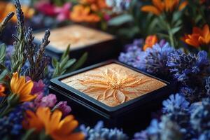 Radiant highlighter compacts with golden shimmer, set against a blurred backdrop of wildflowers. Professional shot showcasing the glow and elegance of the highlighter. photo