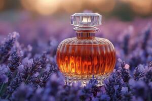 Luxurious perfume bottle with a crystal cap, placed in front of a backdrop of softly blurred lavender flowers. Professional shot showcasing the elegance and sophistication of the perfume. photo