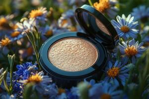 Radiant highlighter compacts with golden shimmer, set against a blurred backdrop of wildflowers. Professional shot showcasing the glow and elegance of the highlighter. photo