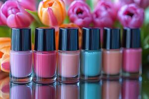 Glossy nail polish bottles in pastel colors, set against a backdrop of softly blurred tulips. Professional shot highlighting the chic appeal and variety of the nail polish shades. photo