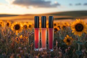 Shiny lip gloss tubes in coral shades, with a blurred field of sunflowers behind. Professional shot capturing the vibrant color and glossy finish of the lip gloss tubes. photo