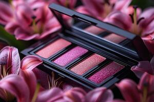 Soft blush palettes in rosy tones, set against a backdrop of blurred lilies. Professional shot highlighting the gentle hues and smooth texture of the blush palettes. photo
