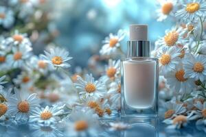 Elegant foundation bottles in frosted glass, set against a backdrop of blurred daisies. Professional shot highlighting the soft and smooth texture of the foundation. photo