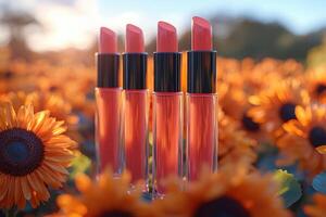 Shiny lip gloss tubes in coral shades, with a blurred field of sunflowers behind. Professional shot capturing the vibrant color and glossy finish of the lip gloss tubes. photo