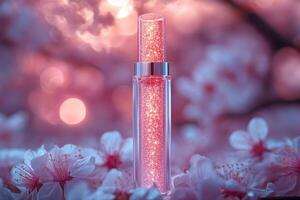 Richly pigmented lip gloss tubes, with a blurred background of blooming cherry blossoms. Professional shot emphasizing the vibrant colors and luxurious finish of the gloss. photo