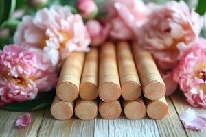 Delicate highlighter sticks in rose gold, with a blurred backdrop of peonies. Professional shot highlighting the elegant shimmer and refined color of the highlighter. photo