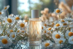 Elegant foundation bottles in frosted glass, set against a backdrop of blurred daisies. Professional shot highlighting the soft and smooth texture of the foundation. photo