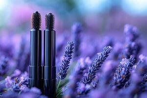 Sleek mascara tubes in glossy black, with blurred lavender flowers in the background. Professional shot emphasizing the sleek design and intense color of the mascara tubes. photo