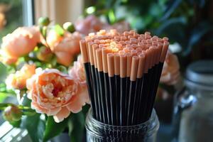 Delicate highlighter sticks in rose gold, with a blurred backdrop of peonies. Professional shot highlighting the elegant shimmer and refined color of the highlighter. photo