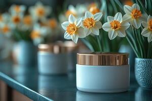Luxurious face cream jars with gold accents, set against a background of blurred daffodils. Professional shot showcasing the opulent design and high-quality appeal of the jars. photo