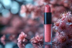 Richly pigmented lip gloss tubes, with a blurred background of blooming cherry blossoms. Professional shot emphasizing the vibrant colors and luxurious finish of the gloss. photo
