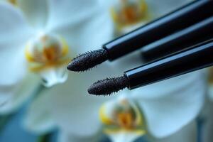 Sleek black eyeliner pots, with blurred orchids in the background. Professional shot showcasing the elegant design and high-quality finish of the eyeliner. photo