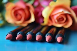 Sleek black eyeliner pencils, with a blurred bouquet of roses behind. Professional shot showcasing the elegance and sophistication of the eyeliner pencils. photo