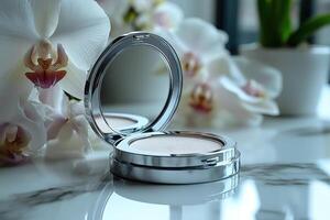 Compact powder cases with mirror finish, set against a backdrop of softly blurred orchids. Professional shot highlighting the sleek design and reflective quality of the powder cases. photo