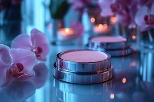 Compact powder cases with mirror finish, set against a backdrop of softly blurred orchids. Professional shot highlighting the sleek design and reflective quality of the powder cases. photo