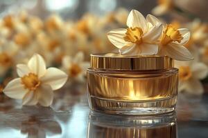 Luxurious face cream jars with gold accents, set against a background of blurred daffodils. Professional shot showcasing the opulent design and high-quality appeal of the jars. photo