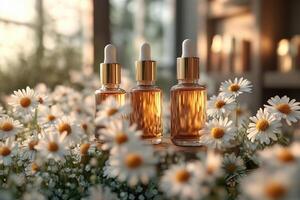 Elegant foundation bottles in frosted glass, set against a backdrop of blurred daisies. Professional shot highlighting the soft and smooth texture of the foundation. photo