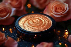 Radiant highlighter compacts in golden hues, with a blurred backdrop of roses. Professional shot showcasing the shimmering effect and luxurious appeal of the highlighters. photo