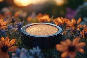 Radiant highlighter compacts with golden shimmer, set against a blurred backdrop of wildflowers. Professional shot showcasing the glow and elegance of the highlighter. photo
