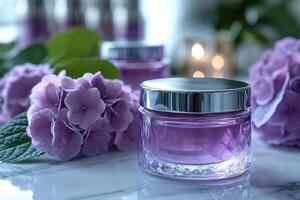 Luxurious skincare cream jars, positioned with blurred hydrangeas in the background. Professional shot emphasizing the high-end appeal and elegant design of the skincare jars. photo