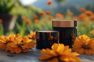 Elegant bronzer compacts with shimmering tones, placed against a blurred field of marigolds. Professional shot capturing the warm glow and refined design of the bronzers. photo