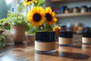 Compact powder cases in sleek designs, placed in front of blurred sunflowers. Professional shot highlighting the minimalist design and smooth finish of the compacts. photo