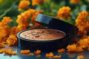 Elegant bronzer compacts with shimmering tones, placed against a blurred field of marigolds. Professional shot capturing the warm glow and refined design of the bronzers. photo
