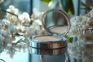 Compact powder cases with mirror finish, set against a backdrop of softly blurred orchids. Professional shot highlighting the sleek design and reflective quality of the powder cases. photo
