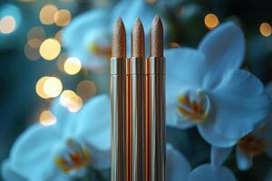 Radiant bronzer sticks with a golden sheen, with a blurred background of orchids. Professional shot emphasizing the warm tones and luxurious finish of the bronzer sticks. photo