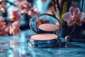 Compact powder cases with mirror finish, set against a backdrop of softly blurred orchids. Professional shot highlighting the sleek design and reflective quality of the powder cases. photo