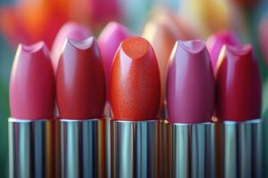 Glossy lipstick tubes in vibrant shades, with a blurred backdrop of tulips. Professional shot emphasizing the bold colors and sleek design of the lipsticks. photo