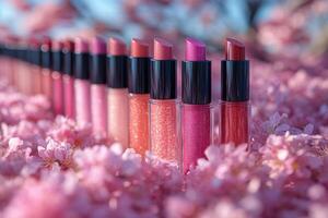 Richly pigmented lip gloss tubes, with a blurred background of blooming cherry blossoms. Professional shot emphasizing the vibrant colors and luxurious finish of the gloss. photo