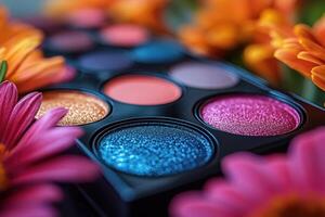 Shimmering eyeshadow palettes in jewel tones, placed in front of blurred marigolds. Professional shot capturing the rich and vibrant colors of the eyeshadow palettes. photo