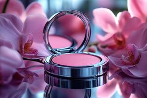 Compact powder cases with mirror finish, set against a backdrop of softly blurred orchids. Professional shot highlighting the sleek design and reflective quality of the powder cases. photo
