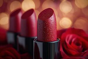 Glossy red lipstick tubes, with a background of softly blurred roses in soft focus. Professional shot emphasizing the vibrant color and sleek design of the lipstick. photo