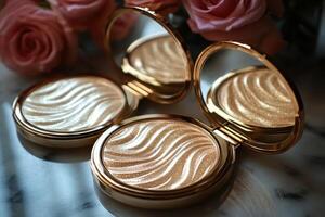 Radiant highlighter compacts in golden hues, with a blurred backdrop of roses. Professional shot showcasing the shimmering effect and luxurious appeal of the highlighters. photo