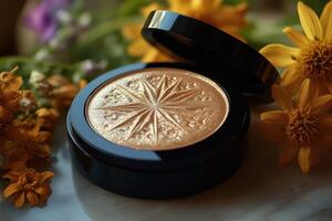 Radiant highlighter compacts with golden shimmer, set against a blurred backdrop of wildflowers. Professional shot showcasing the glow and elegance of the highlighter. photo