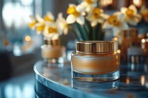 Luxurious face cream jars with gold accents, set against a background of blurred daffodils. Professional shot showcasing the opulent design and high-quality appeal of the jars. photo