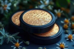 Radiant highlighter compacts with golden shimmer, set against a blurred backdrop of wildflowers. Professional shot showcasing the glow and elegance of the highlighter. photo