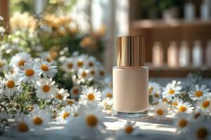 Elegant foundation bottles in frosted glass, set against a backdrop of blurred daisies. Professional shot highlighting the soft and smooth texture of the foundation. photo