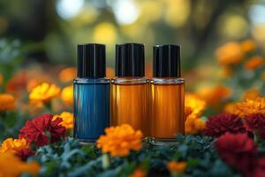 Elegant nail polish bottles in bold colors, with a blurred garden of marigolds behind. Professional shot highlighting the vibrant and striking shades of the nail polish. photo