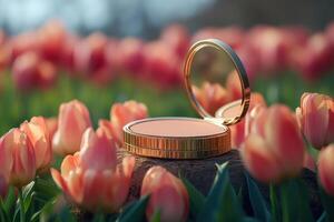 Elegant compact powder cases in gold, set against a blurred field of tulips. Professional shot showcasing the luxurious finish and refined design of the compact powder cases. photo