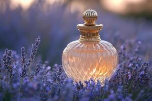 Elegant perfume atomizers in vintage style, set against a blurred garden of lavender. Professional shot emphasizing the classic design and luxurious appeal of the atomizers. photo