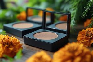 Elegant bronzer compacts with shimmering tones, placed against a blurred field of marigolds. Professional shot capturing the warm glow and refined design of the bronzers. photo
