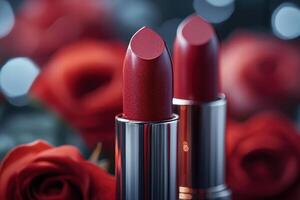 Glossy red lipstick tubes, with a background of softly blurred roses in soft focus. Professional shot emphasizing the vibrant color and sleek design of the lipstick. photo