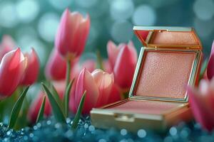 Elegant compact powder cases in gold, set against a blurred field of tulips. Professional shot showcasing the luxurious finish and refined design of the compact powder cases. photo