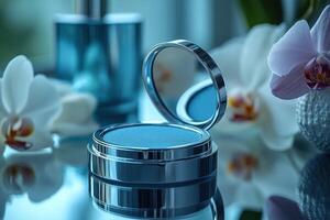 Compact powder cases with mirror finish, set against a backdrop of softly blurred orchids. Professional shot highlighting the sleek design and reflective quality of the powder cases. photo