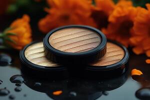 Elegant bronzer compacts with shimmering tones, placed against a blurred field of marigolds. Professional shot capturing the warm glow and refined design of the bronzers. photo